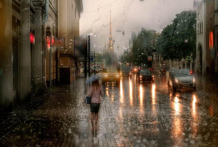 giacca rosa da donna, autunno, pioggia, San Pietroburgo, Sfondo HD