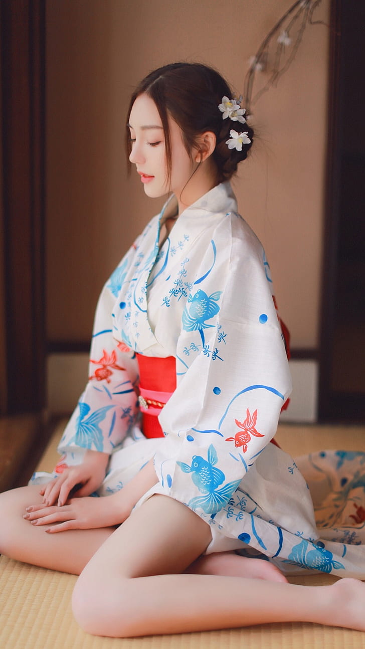 wanita, si rambut cokelat, Asia, kimono, Wallpaper HD, wallpaper seluler