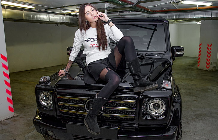 black Mercedes-Benz G-Wagon, girl, model, Diana Melison, Diane Malison, HD wallpaper
