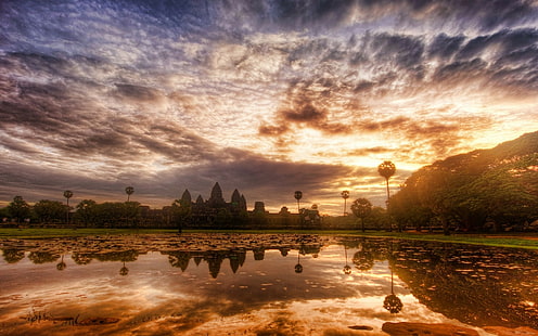 nature landscape sunrise sky clouds trees temple water reflection pond angkor world heritage site cambodia, HD wallpaper HD wallpaper