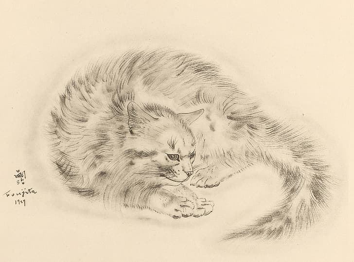 cat, tail, sad, 1930, Tsuguharu Foujita, The Book Of Cats, HD wallpaper