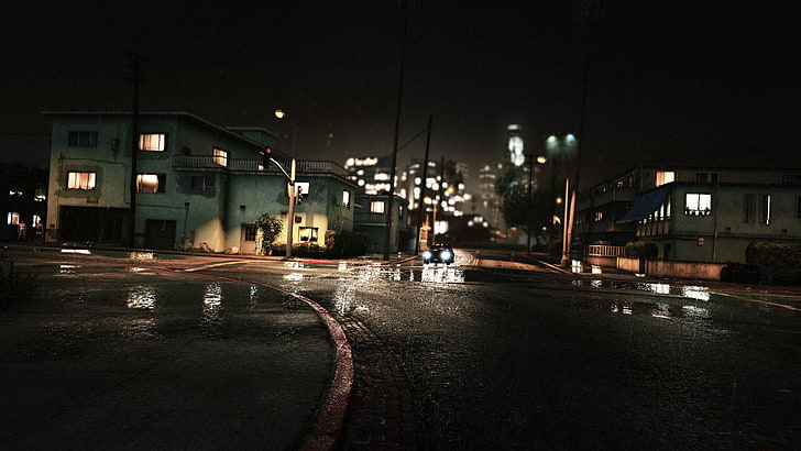 черный уличный фонарь, машина, Машина, Ночь, GTA V, Grand Theft Auto V, Святые, Сан-Андрес, Другой Дождливый, HD обои