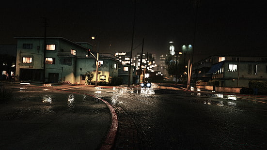 черный уличный фонарь, машина, Машина, Ночь, GTA V, Grand Theft Auto V, Святые, Сан-Андрес, Другой Дождливый, HD обои HD wallpaper