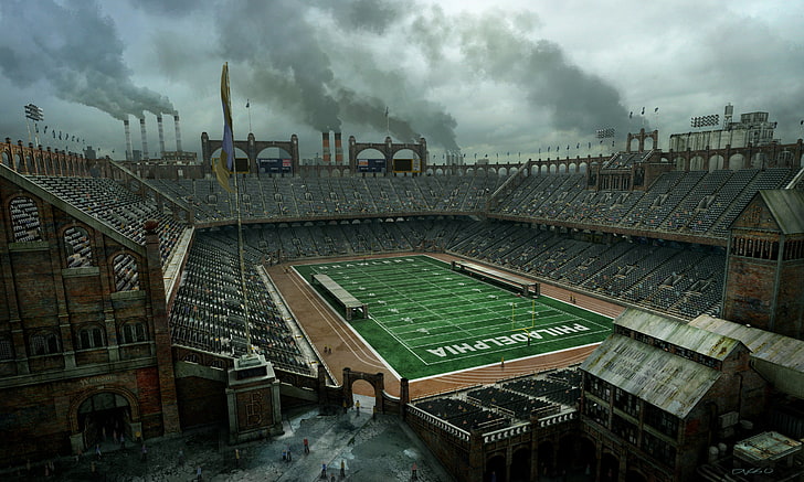 green football field, stadium, concept art, video games, smoke, Philadelphia, industrial, sports, American football, HD wallpaper