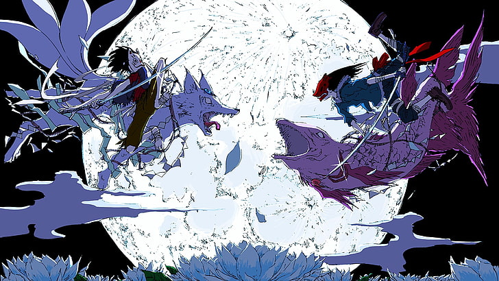 serigala dan ikan kertas dinding anime, anime, anak laki-laki anime, Bulan, topeng, pedang, serigala, ikan, pertempuran, pertempuran, malam, awan, bunga, rambut hitam, sinar bulan, Wallpaper HD