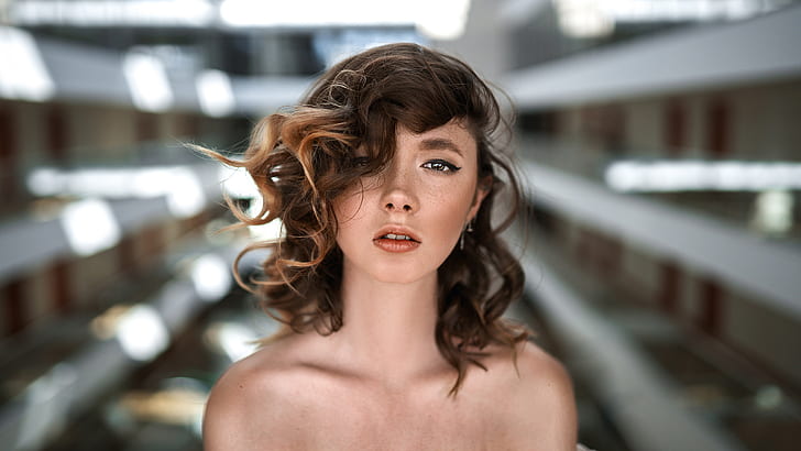 curly hair, portrait, women, Disha Shemetova, face, model, HD wallpaper