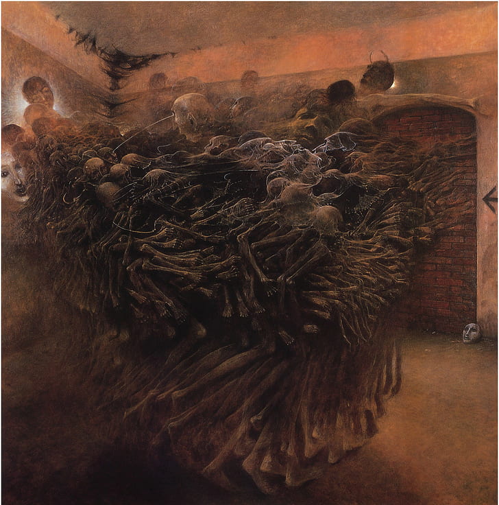 Zdzisław Beksiński, Artwork, Dark, Skeletons, Face On Ground, zdzisław beksiński, artwork, dark, skeletons, face on ground, HD wallpaper