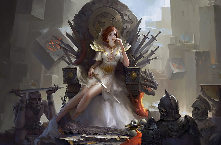 woman wearing white dress wallpaper, throne, sword, women, redhead, legs, chains, skeleton, skull, warrior, artwork, fantasy art, fantasy girl, digital art, HD wallpaper