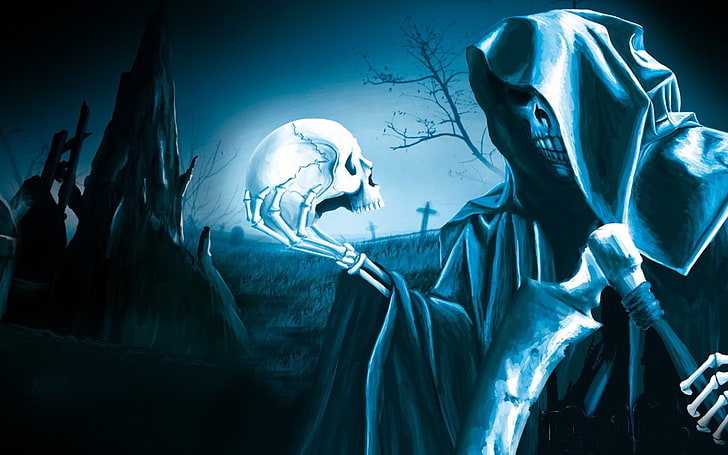 creepy, dark, grim, horror, reaper, skeletons, skull, HD wallpaper