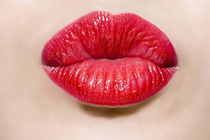 красные губы, губы, поцелуй, девушка, помада, крупный план, HD обои
