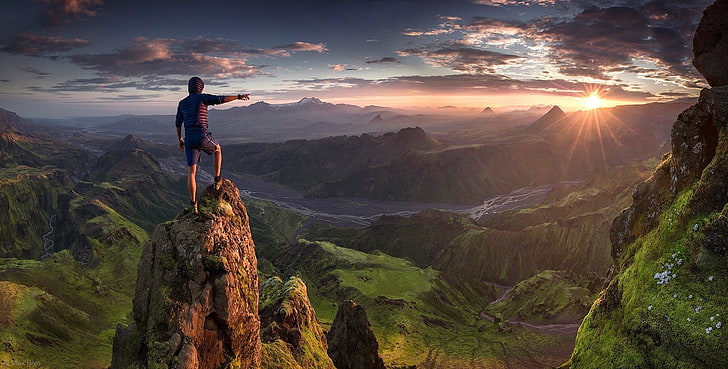 celana pendek abu-abu, gunung, Islandia, lembah, rumput, awan, sungai, panorama, hiking, alam, lanskap, Max Rive, Wallpaper HD
