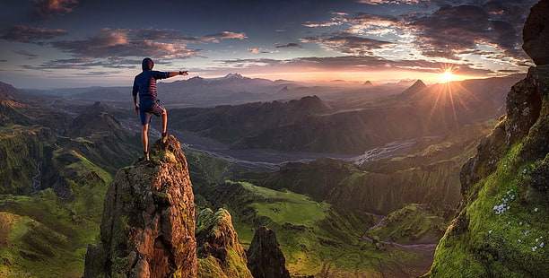 сиви шорти, планини, Исландия, долина, трева, облаци, река, панорами, туризъм, природа, пейзаж, Max Rive, HD тапет HD wallpaper