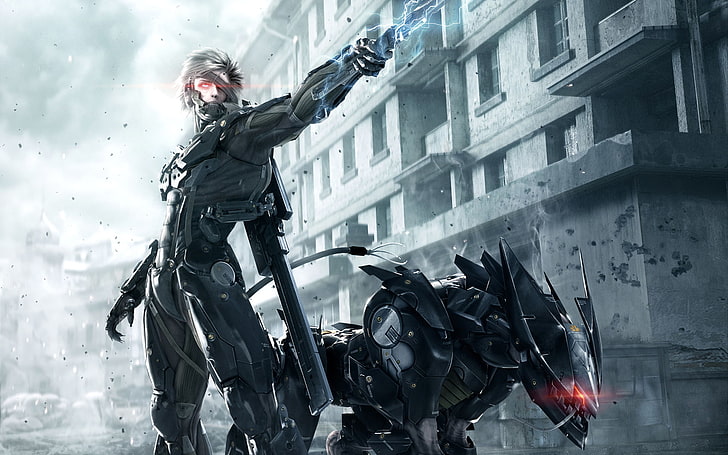 man and robot pet illustration, house, sword, armor, Ninja, Cyborg, Raiden, Metal Gear Rising: Revengeance, Platinum Games, Konami, Kojima Productions, HD wallpaper