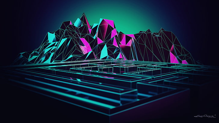 green and pink mountain illustration, Lacza, digital art, mazes, low poly, mountains, gradient, 3D, artwork, HD wallpaper