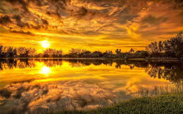 HDR, спокойное озеро во время золотого часа, фотография, HDR, HD обои