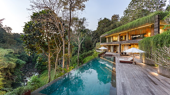 архитектура, басейн, къща, Индонезия, дървета, отражение, Бали, HD тапет HD wallpaper
