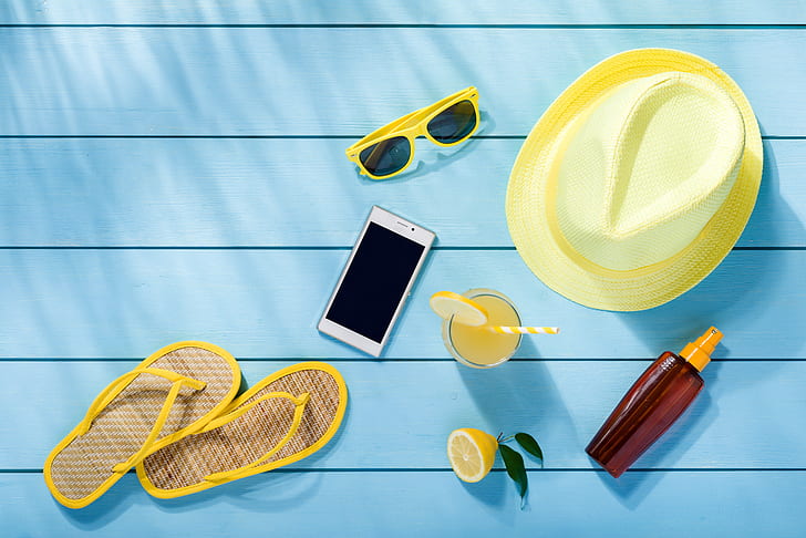 الشاطئ ، الصيف ، الإقامة ، القبعة ، النظارات ، الإجازة ، الألواح ، الملحقات، خلفية HD