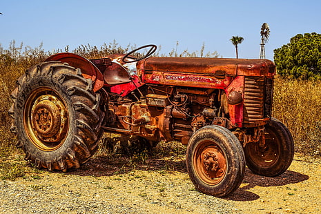 aged, agriculture, antique, countryside, equipment, farm, machine, old, rural, rusted, rustic, tractor, vehicle, HD wallpaper HD wallpaper