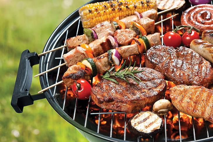 meat, vegetables, Barbecue Grill, HD wallpaper