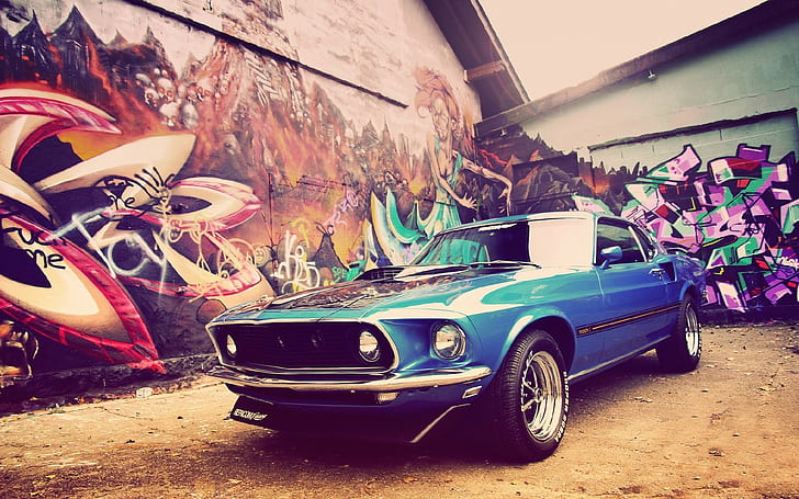 синие автомобили, форд, мускул кары, Ford Mustang Mach 1, суперкар, Ford Mustang, средство передвижения, граффити, HD обои