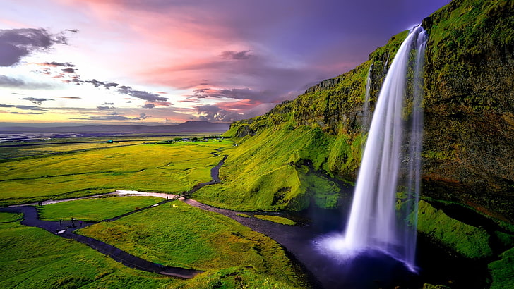 водопад, природа, seljalandsfoss, вода, Исландия, небе, пейзаж, трева, улей, хълм, HD тапет