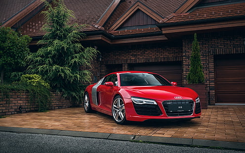 red Audi R8 coupe, audi, r8, red, front view, HD wallpaper HD wallpaper