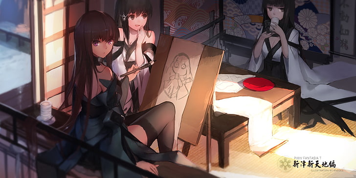 Anime, Anime Girls, Pixiv Fantasia, schwarzes Haar, japanische Kleidung, langes Haar, swd3e2, originelle Charaktere, HD-Hintergrundbild
