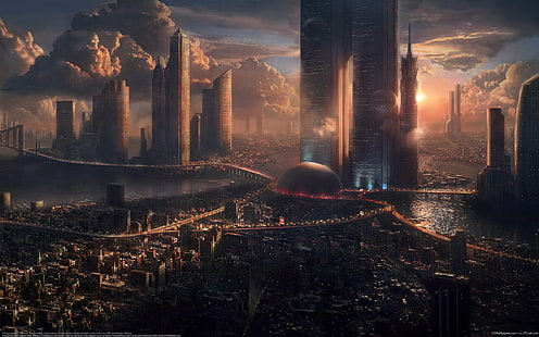 الغيوم المستقبل ناطحات السحاب المدينة، خلفية HD HD wallpaper