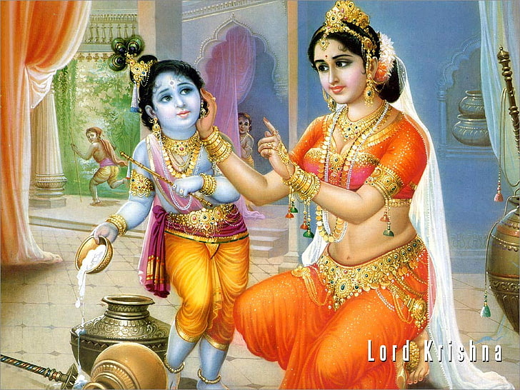 Макхан Чор и Яшомати, плакат на Радха, Бог, Господ Кришна, HD тапет