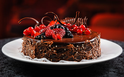 Chocolate cake, berries, raspberries, blueberries, currants, dessert, chocolate and fruits round cake, Chocolate, Cake, Berries, Raspberries, Blueberries, Currants, Dessert, HD wallpaper HD wallpaper