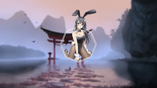 Sakurajima Mai, Seishun Buta Yarō wa Bunny Girl-senpai no Yume wo Minai, зайче момиче, зайче уши, аниме, картина в картина, HD тапет HD wallpaper