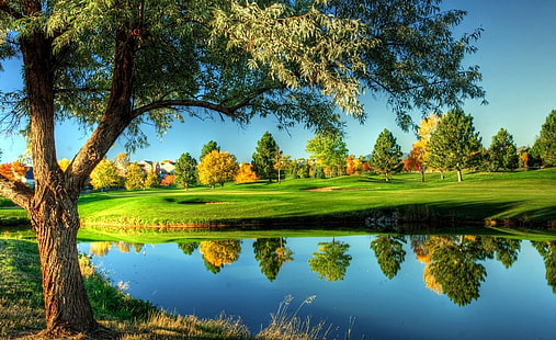 ゴルフ場の風景、緑の芝生、スポーツ、ゴルフ、 HDデスクトップの壁紙 HD wallpaper