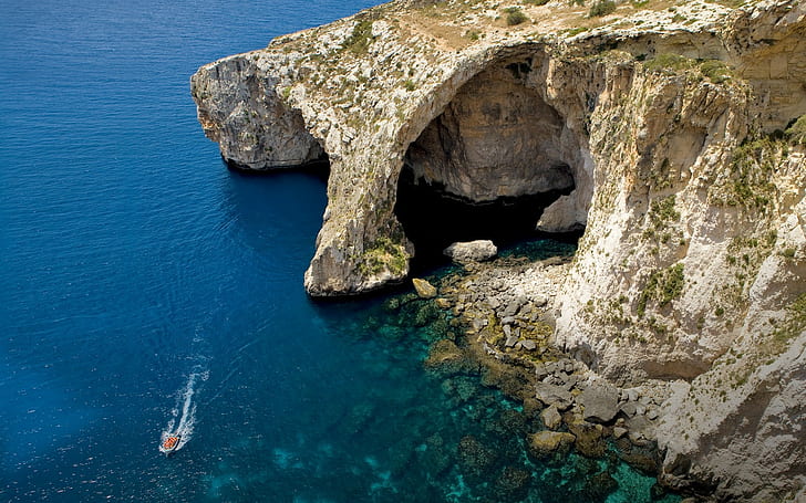 falaise, plage, paysage, île, eau, mer, grotte, bateau, côte, Malte, bleu, nature, Fond d'écran HD