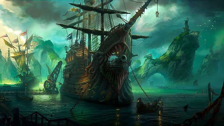 кафяв и черен пиратски кораб, League of Legends, Bilgewater, фентъзи изкуство, пирати, пристанища, HD тапет