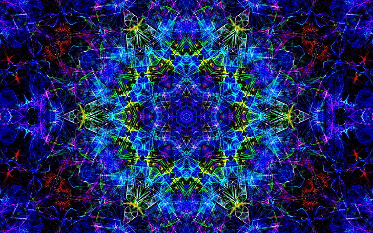 kaléidoscope bleu et rouge, abstrait, symétrie, fractal, psychédélique, Fond d'écran HD