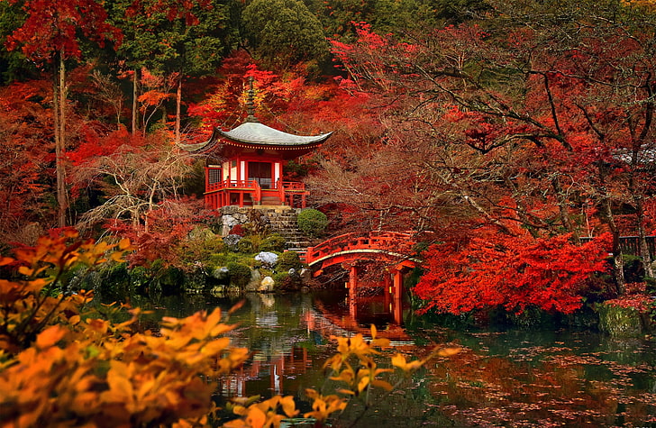 деревья, мост, пруд, Япония, сад, Киото, храм Daigo-JI, храм Bentendo Hall, HD обои