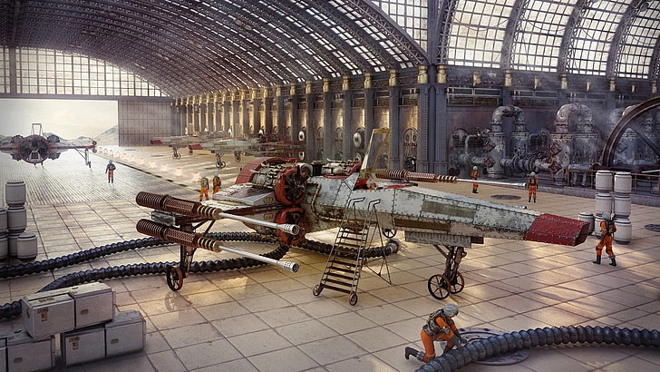 gray and red airplane, Star Wars, Engineer, X-wing, steampunk, digital art, hangar, HD wallpaper