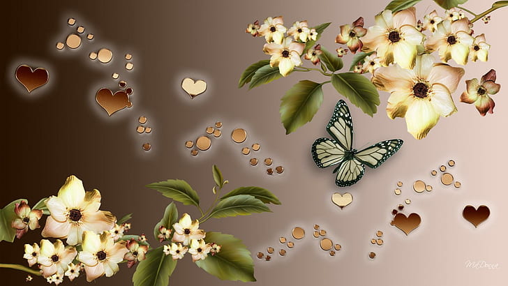 Herz von Blumen, Zusammenfassung, Herzen, Blätter, Bronze, Braun, Schmetterling, Rebe, Blumen, 3d und Zusammenfassung, HD-Hintergrundbild