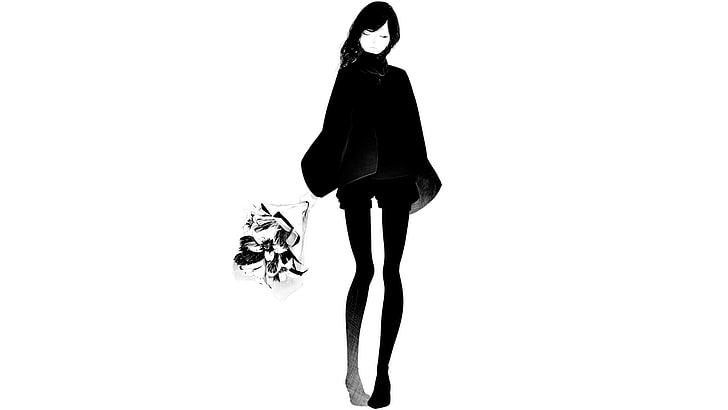 black dressed woman illustration, girl, shorts, bouquet, art, coat, Sawasawa, HD wallpaper