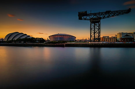 view of body of water near buildings, Skyline, Sunset, view, body of water, buildings, River Clyde, SEC, Hydro, SECC, Auditorium, Glasgow, Long Exposure, Finnieston Crane, night, architecture, dusk, reflection, illuminated, urban Scene, famous Place, built Structure, building Exterior, cityscape, city, urban Skyline, water, twilight, river, HD wallpaper HD wallpaper