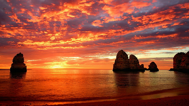 sunset, afterglow, sky, horizon, red sky at morning, sea, sunrise, ocean, calm, shore, coast, HD wallpaper