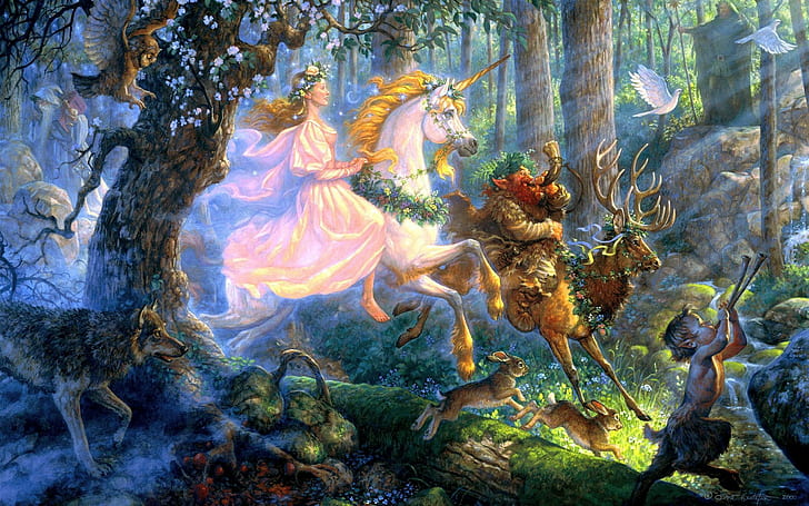 Scott Gustafson Gustafson Fantasy Paintings Unicorn Magical Trees Forest Animals Creatures Women Females Girls Artistic Cartoons Children 1920×1200, HD wallpaper