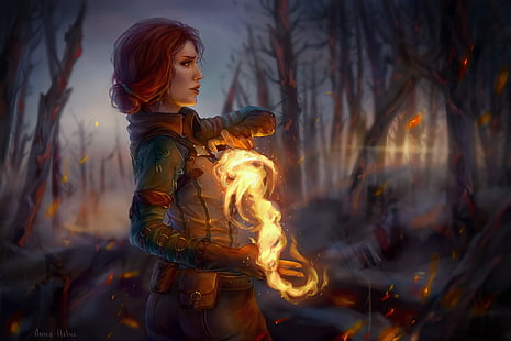 büyü, profil, kırmızı, Triss Merigold, The Witcher 3: Wild Hunt, HD masaüstü duvar kağıdı HD wallpaper