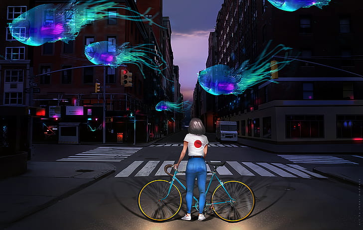 фэнтези-арт, окружающая среда, женщины, рыба, улица, светофоры, город, HD обои