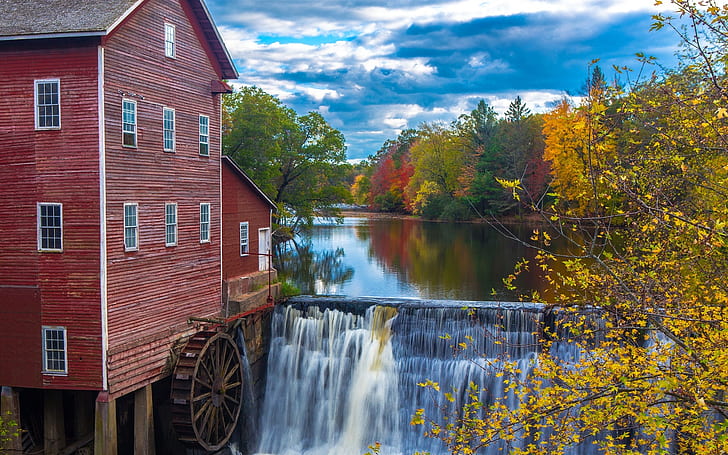 River, trees, autumn, waterfalls, house, water mill, River, Trees, Autumn, Waterfalls, House, Water, Mill, HD wallpaper