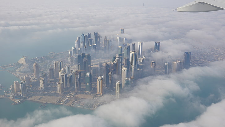 aerial photography, daytime, metropolis, aerial view, cloud, skyscrapers, cityscape, fog, haze, qatar, doha, asia, middle east, middle-east, downtown, buildings, HD wallpaper