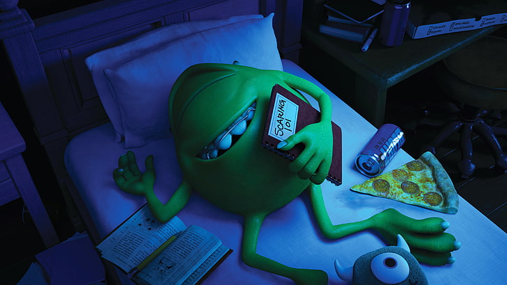 grünes Zyklopen-Monster, blau, grün, Lächeln, Bett, einäugig, Monster-Universität, Monster Inc., Monster, Mike Wazowski, Hosenträger, Disney Pixar, Schlafmonster, HD-Hintergrundbild