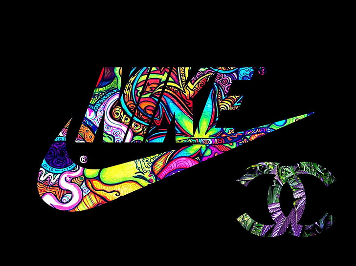 Logo Nike multicolore et papier peint Chanel, Nike, baskets, femmes, swaggy, psychédélique, Fond d'écran HD