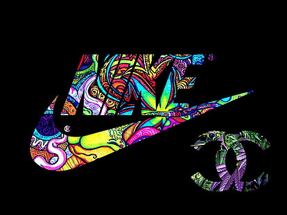 logotipo de Nike multicolor y fondo de pantalla de Chanel, Nike, zapatillas de deporte, mujeres, swaggy, psicodélico, Fondo de pantalla HD HD wallpaper
