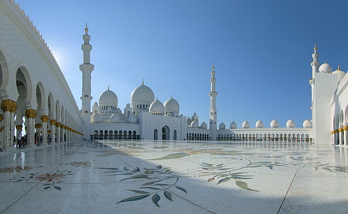 white concrete dome building, architecture, UAE, Abu Dhabi, the minaret, the Sheikh Zayed Grand mosque, HD wallpaper HD wallpaper
